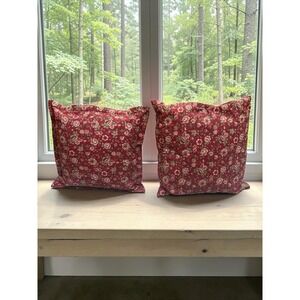 Set 2 Handmade Floral Throw Pillows Red Cottage Farmhouse 17" Zip Covers